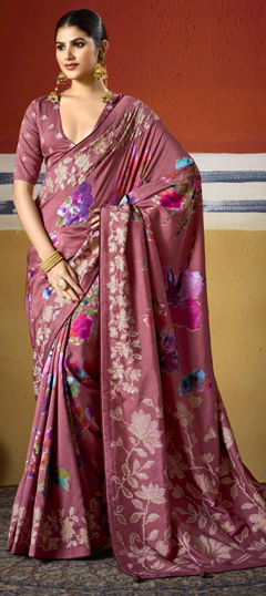Beige and Brown color Saree in Silk fabric with Printed, Weaving work