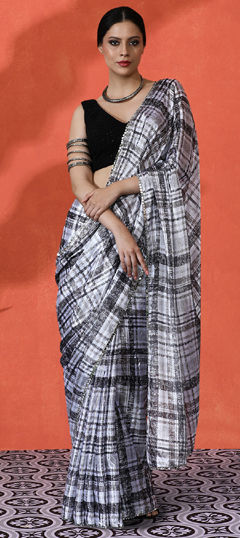 White and Off White color Saree in Chinon Silk fabric with Digital Print work