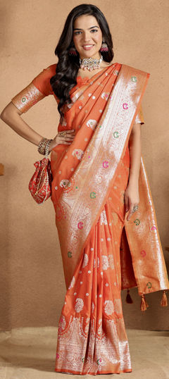 Orange color Saree in Banarasi Silk fabric with Weaving work