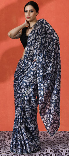 Blue color Saree in Chinon Silk fabric with Digital Print work