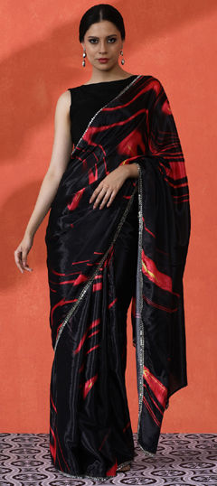 Black and Grey color Saree in Chinon Silk fabric with Digital Print work