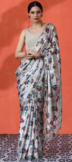 White and Off White color Saree in Chinon Silk fabric with Digital Print work