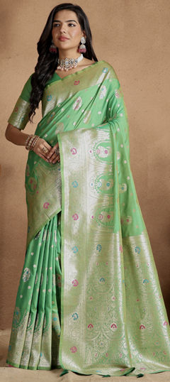 Green color Saree in Banarasi Silk fabric with Weaving work