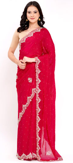 Pink and Majenta color Saree in Satin Silk fabric with Moti, Resham, Zircon work
