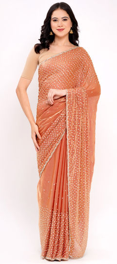 Pink and Majenta color Saree in Satin Silk fabric with Moti, Resham, Zircon work