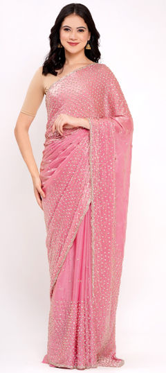Pink and Majenta color Saree in Satin Silk fabric with Moti, Resham, Zircon work