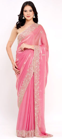 Pink and Majenta color Saree in Satin Silk fabric with Moti, Resham, Zircon work