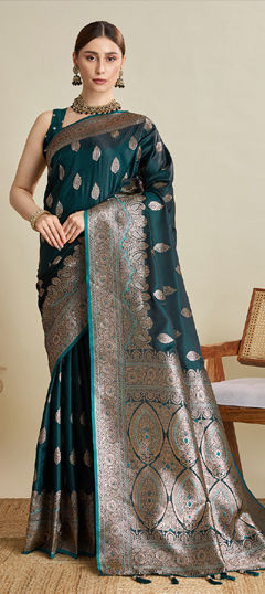 Green color Saree in Satin Silk fabric with Weaving work