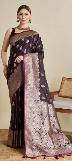 Red and Maroon color Saree in Satin Silk fabric with Weaving work