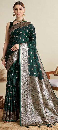 Green color Saree in Satin Silk fabric with Weaving work
