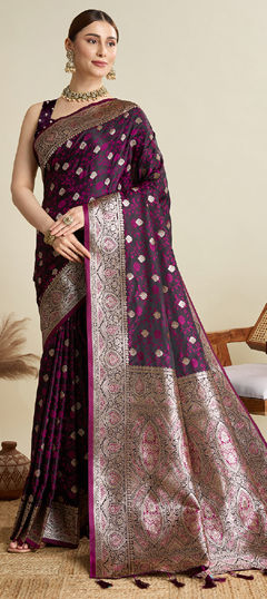 Purple and Violet color Saree in Satin Silk fabric with Weaving work