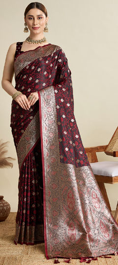 Red and Maroon color Saree in Satin Silk fabric with Weaving work