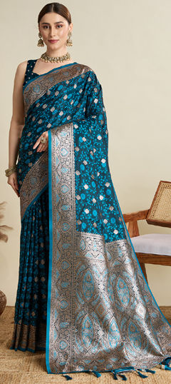 Blue color Saree in Satin Silk fabric with Weaving work