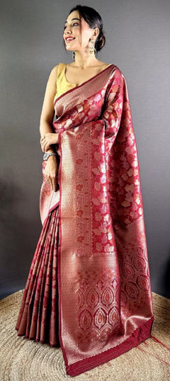 Red and Maroon color Saree in Silk fabric with Weaving, Zari work