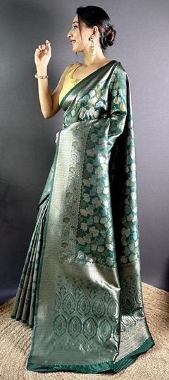 Green color Saree in Silk fabric with Weaving, Zari work