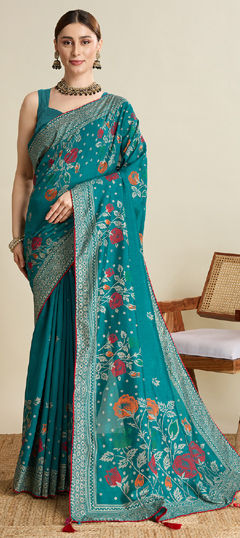 Blue color Saree in Cotton fabric with Printed work