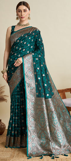 Blue color Saree in Satin Silk fabric with Weaving work
