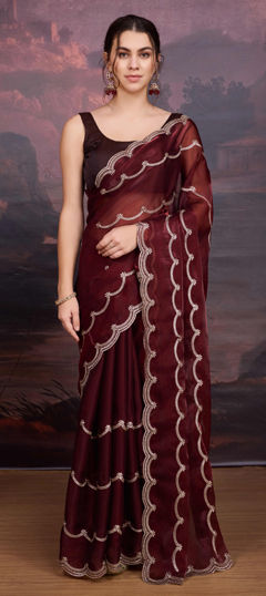Red and Maroon color Saree in Chinon Silk fabric with Embroidered work