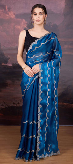 Blue color Saree in Chinon Silk fabric with Embroidered work