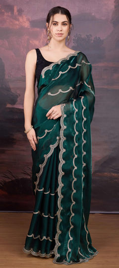 Green color Saree in Chinon Silk fabric with Embroidered work