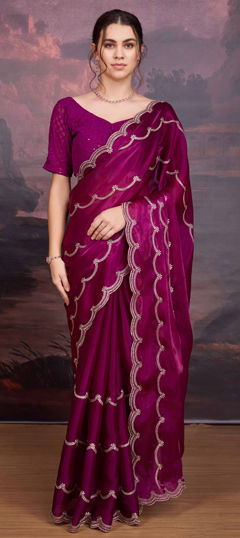 Red and Maroon color Saree in Chinon Silk fabric with Embroidered work