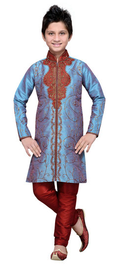 Blue color Boys Sherwani in Art Silk fabric with Bugle Beads, Cut Dana, Embroidered, Patch work : 201535