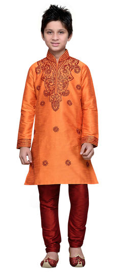 Orange color Boys Kurta Pyjama in Art Silk fabric with Embroidered, Resham, Thread work : 201536