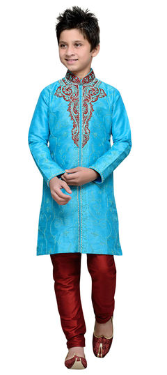 201537: Blue color Boys Kurta Pyjama in Art Silk fabric with Embroidered, Patch, Stone work