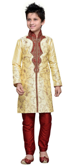 201541: Gold color Boys Sherwani in Art Silk fabric with Embroidered, Patch, Stone work