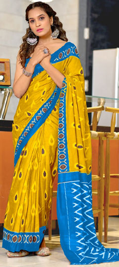 Yellow color Saree in Cotton fabric with Printed work