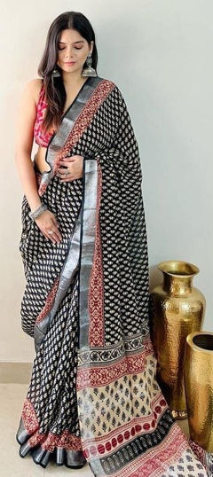 Black and Grey color Saree in Linen fabric with Digital Print work