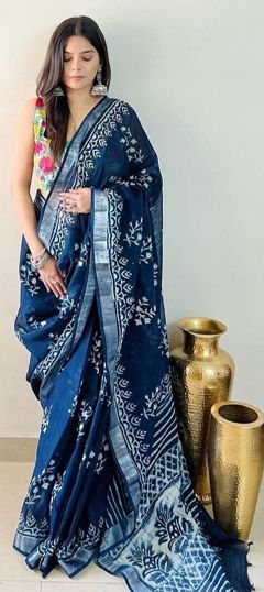 Blue color Saree in Linen fabric with Digital Print work