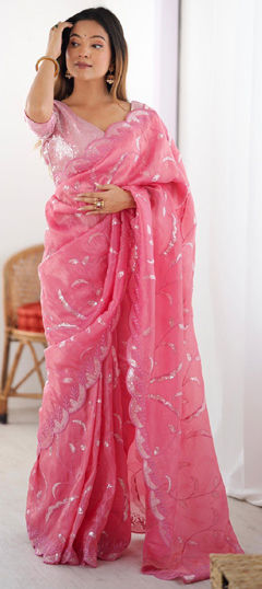 Pink and Majenta color Saree in Crushed Silk fabric with Sequence work