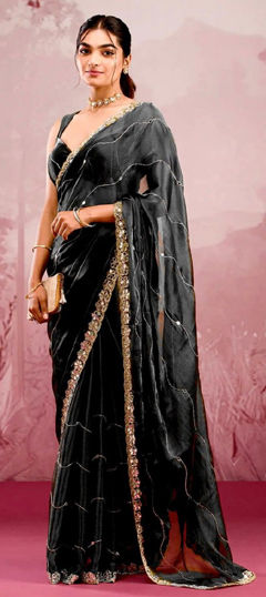 Black and Grey color Saree in Art Silk fabric with Border, Embroidered, Mirror, Thread work