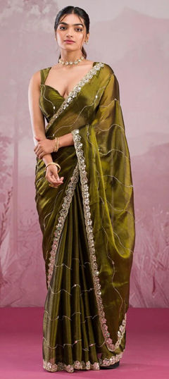 Green color Saree in Art Silk fabric with Border, Embroidered, Mirror, Thread work