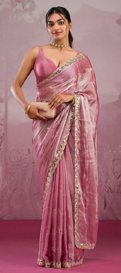 Pink and Majenta color Saree in Art Silk fabric with Border, Embroidered, Mirror, Thread work
