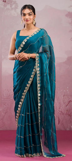 Blue color Saree in Art Silk fabric with Border, Embroidered, Mirror, Thread work
