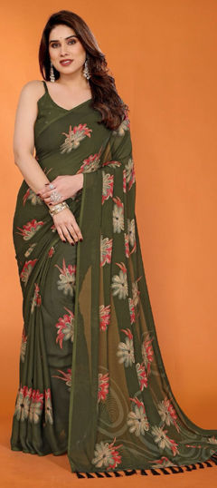 Green color Saree in Satin Silk fabric with Printed work