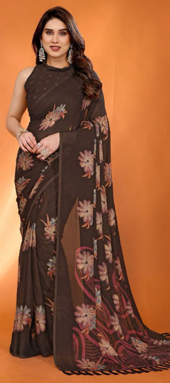 Beige and Brown color Saree in Satin Silk fabric with Printed work