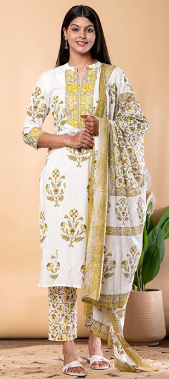 Green, White and Off White color Salwar Kameez in Cotton fabric with Bugle Beads, Floral, Printed, Sequence work