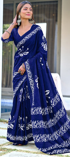 Blue color Saree in Cotton fabric with Printed work