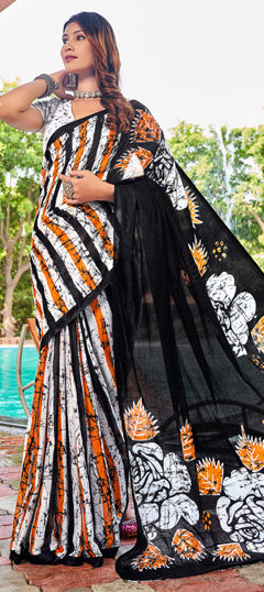 White and Off White color Saree in Cotton, Malmal fabric with Printed work