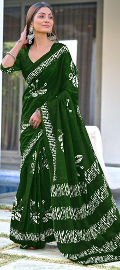 Green color Saree in Cotton fabric with Printed work