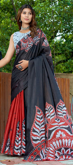 Black and Grey color Saree in Cotton, Malmal fabric with Printed work