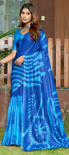 Blue color Saree in Cotton, Malmal fabric with Printed work