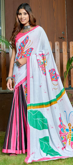 White and Off White color Saree in Cotton, Malmal fabric with Printed work