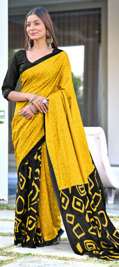 Yellow color Saree in Cotton fabric with Printed work