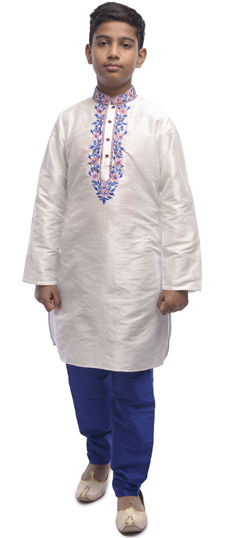 White and Off White color Boys Kurta Pyjama in Dupion Silk fabric with Embroidered work