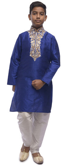 Blue color Boys Kurta Pyjama in Dupion Silk fabric with Embroidered work