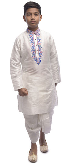 White and Off White color Boys Dhoti Kurta in Dupion Silk fabric with Embroidered work